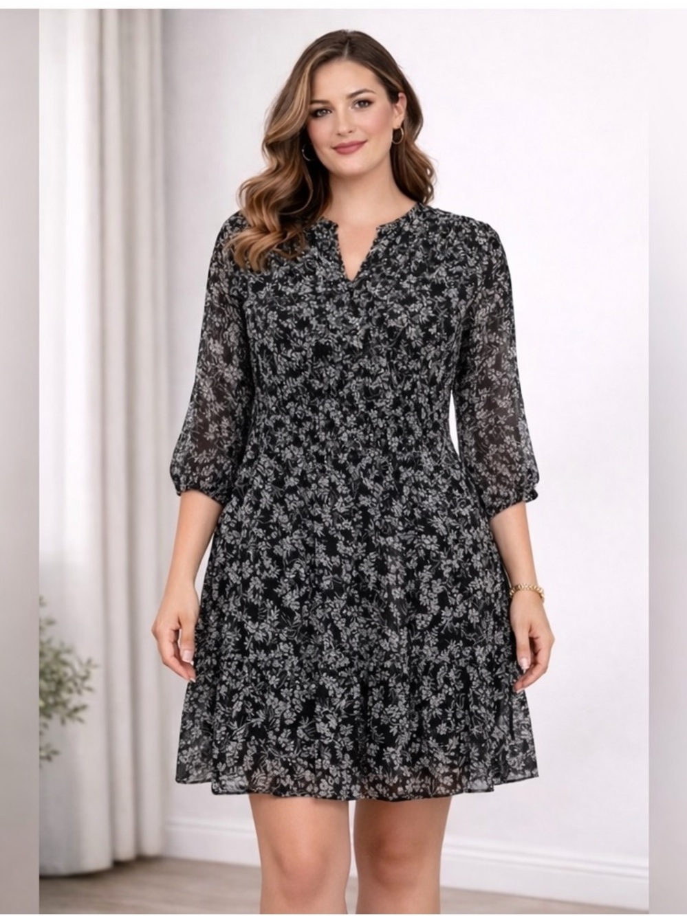 MSK Black Floral Dress Size 18 Plus Size Flowy Chiffon Boho Style